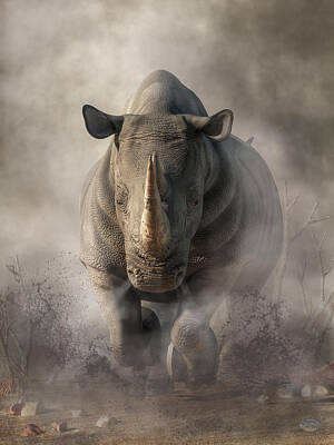 Animals Digital Art Royalty Free Images - Charging Rhino Royalty-Free Image by Daniel Eskridge