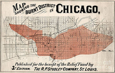 City Scenes Drawings - Chicago Map from 1871 after fire Restored by Vintage Treasure