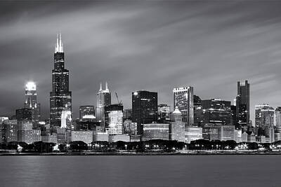 Skylines Royalty-Free and Rights-Managed Images - Chicago Skyline At Night Black And White  by Adam Romanowicz
