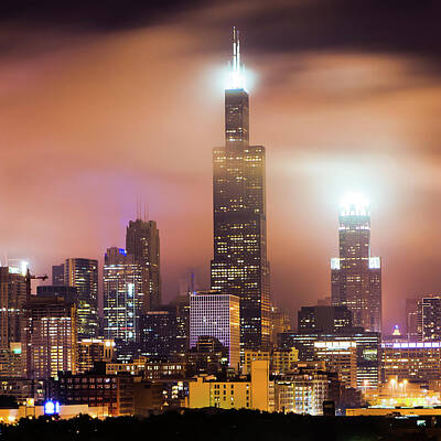 Skylines Royalty-Free and Rights-Managed Images - Chicago Skyline at Night Under Hazy Skies - 1x1 by Gregory Ballos