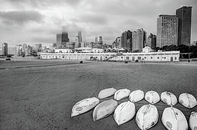 Skylines Royalty-Free and Rights-Managed Images - Chicago Skyline From the Beach - Black and White by Gregory Ballos