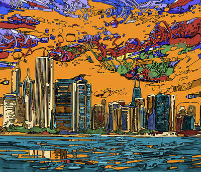 Skylines Paintings - Chicago Skyline Panorama 2 by Bekim M