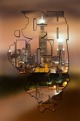 Cities Royalty-Free and Rights-Managed Images - Chicago Skyline Typography Blur - State Shape Series by Gregory Ballos