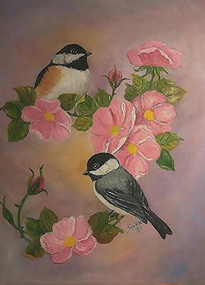 Roses Paintings - Chickadees and Roses by Sandra Maddox