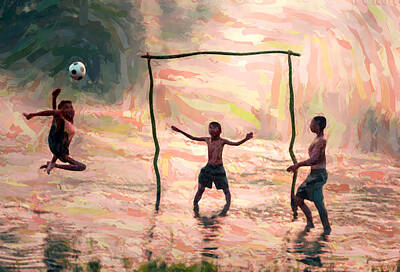 Football Mixed Media - Children Playing by VRL Arts