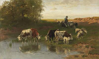 Dandelions Rights Managed Images - Christian Friedrich Mali - cattle herder at the ford 1890 Royalty-Free Image by Christian Friedrich Mali