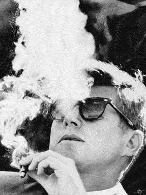Politicians Paintings - Cigar Smoker Cigar Lover JFK Gifts Black And White Photo by Tony Rubino