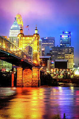 Royalty-Free and Rights-Managed Images - Cincinnati Ohio Skyline with John Roebling Bridge - Color by Gregory Ballos