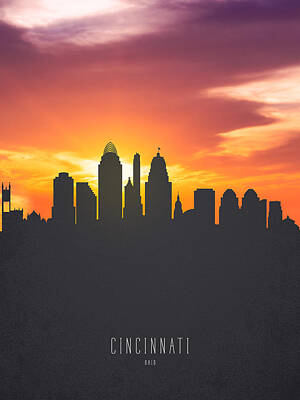 Skylines Paintings - Cincinnati Ohio Sunset Skyline 01 by Aged Pixel