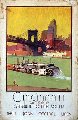 Cities Mixed Media Royalty Free Images - Cincinnati On the Ohio Gateway to the South - New York Central Lines - Retro travel Poster Royalty-Free Image by Studio Grafiikka