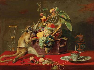 Still Life Royalty-Free and Rights-Managed Images - Circle of Frans Snyders Antwerp 1579 1657 A still life of fruit with a monkey by A still life of fruit with a monkey