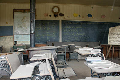 Us License Plate Maps - Classroom with wooden desks by Karen Foley