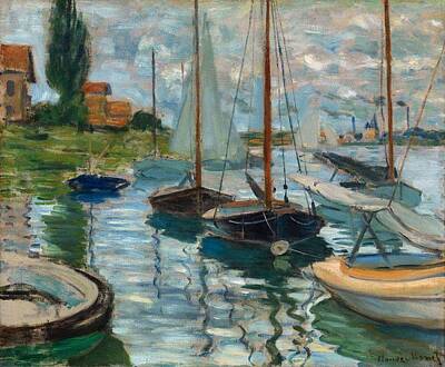 Transportation Paintings - Claude Monet Sailboats on the Seine at Petit -Gennevilliers by Claude Monet Sailboats