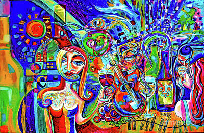 Wine Paintings - City At Night Music And Wine Abstract by Genevieve Esson