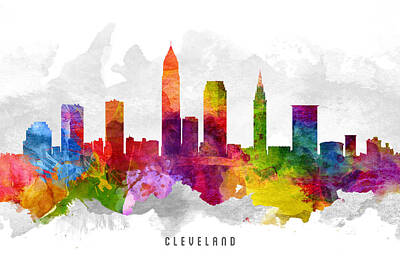Skylines Paintings - Cleveland Ohio Cityscape 13 by Aged Pixel