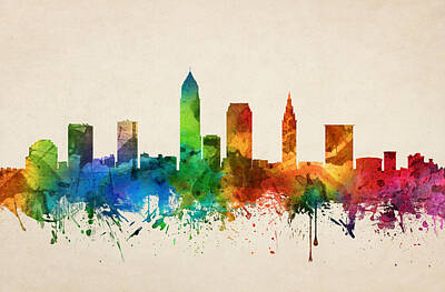 Skylines Paintings - Cleveland Ohio Skyline 05 by Aged Pixel