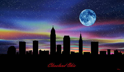 Comic Character Paintings - Cleveland Ohio Twilight Skyline by Gregory Murray