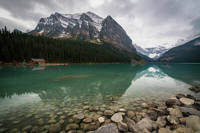 Adventure Photography - Cloudy Fall Day at Lake Louise by James Udall