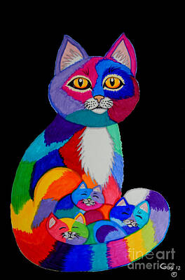 Mammals Drawings - Colorful Cats and Kittens by Nick Gustafson
