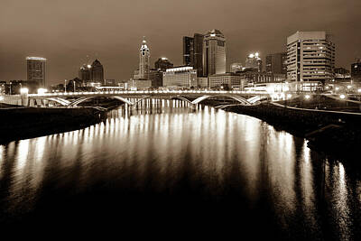 Parks - Columbus Ohio Downtown Skyline at Night - Sepia Edition by Gregory Ballos