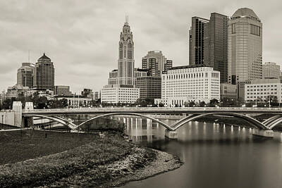 Watercolor Butterflies - Columbus Ohio Skyline Under Clouds - Sepia by Gregory Ballos