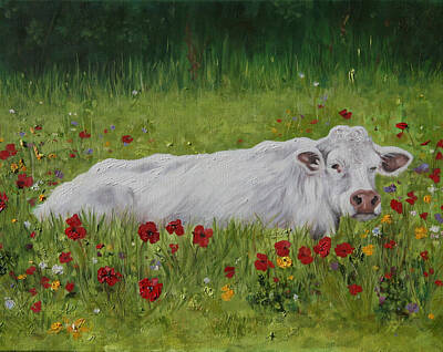 Boho Christmas - Cow in Poppies by Jane Indigo Moore