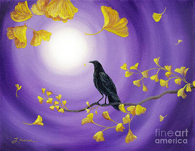 Laura Iverson Royalty-Free and Rights-Managed Images - Crow in Ginkgo Leaves by Laura Iverson