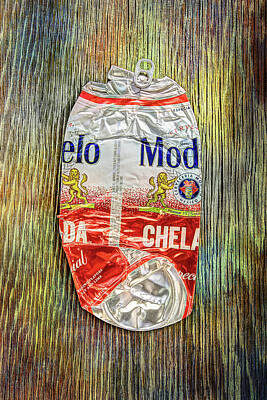 Beer Photos - Crushed Beer Can Red Chelada on Plywood 83 by YoPedro