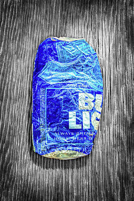 Beer Photos - Crushed Blue Beer Can on Plywood 78 Color on BW by YoPedro