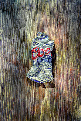 Beer Royalty-Free and Rights-Managed Images - Crushed Silver Light Beer Can on Plywood 80 by YoPedro