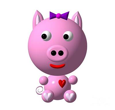 Roses Royalty-Free and Rights-Managed Images - Cute Pink Pig with Purple Bow by Rose Santuci-Sofranko
