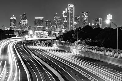 Skylines Photos - Dallas Skyline at Night in Black and White by Gregory Ballos