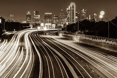 Skylines Royalty-Free and Rights-Managed Images - Dallas Skyline at Night - Sepia - Texas Art by Gregory Ballos