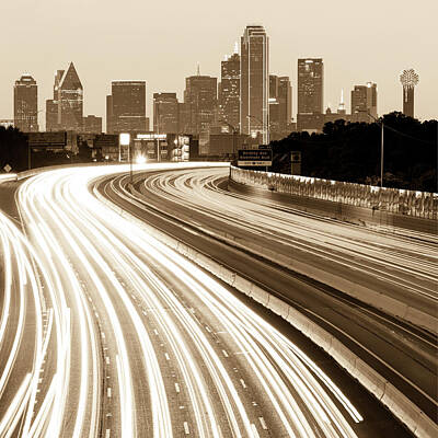 Skylines Royalty-Free and Rights-Managed Images - Dallas Skyline Traffic Sepia - Square 1x1 Format by Gregory Ballos
