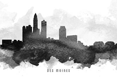 Skylines Paintings - Des Moines Cityscape 11 by Aged Pixel