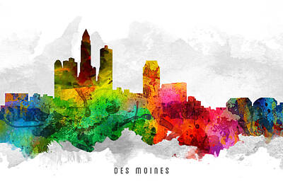 Skylines Paintings - Des Moines Iowa Cityscape 12 by Aged Pixel