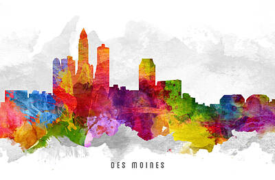 Skylines Paintings - Des Moines Iowa Cityscape 13 by Aged Pixel