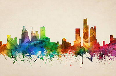 Skylines Paintings - Detroit Michigan Skyline 05 by Aged Pixel
