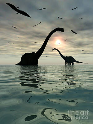 Reptiles Digital Art - Diplodocus Dinosaurs Bathe In A Large by Mark Stevenson