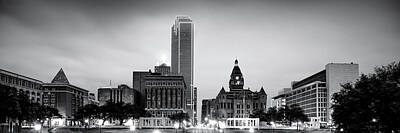 Skylines Photos - Downtown Dallas Texas Black and White Skyline Panoramic by Gregory Ballos