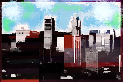 Skylines Paintings - Downtown  Los Angeles Skyline  by Enki Art