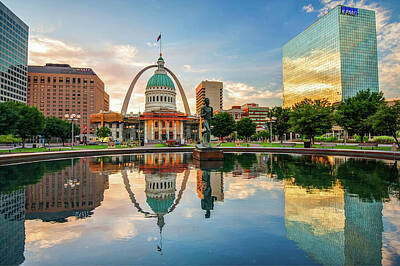 City Scenes Royalty-Free and Rights-Managed Images - Downtown St. Louis Skyline Morning Sunrise Reflections by Gregory Ballos