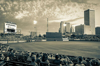 Baseball Photos - Downtown Tulsa Skyline From Oneok Stadium - Sepia by Gregory Ballos