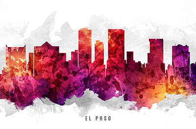 Skylines Paintings - El Paso Texas Cityscape 14 by Aged Pixel