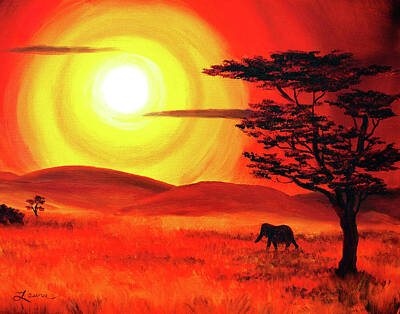 Animals Paintings - Elephant in a Bright Sunset by Laura Iverson