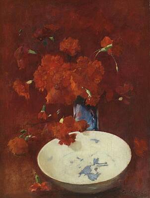 Amy Kirkpatrick Watercolor Hummingbirds Rights Managed Images - Emil Carlsen 1853 - 1932 RED CARNATIONS AND DELFT RED CARNATIONS Royalty-Free Image by Emil Carlsen