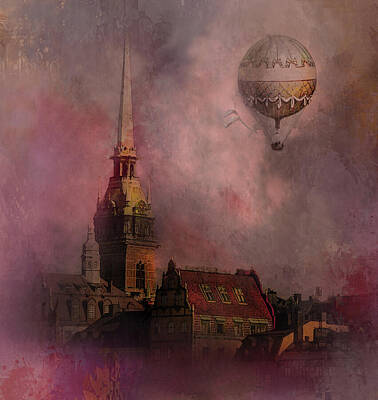 City Scenes Digital Art - Stockholm church with flying balloon by Jeff Burgess