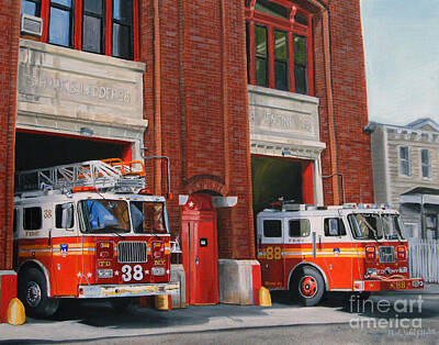 City Scenes Painting Rights Managed Images - FDNY Engine 88 and Ladder 38 Royalty-Free Image by Paul Walsh