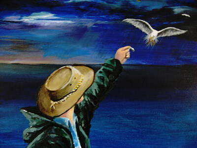 Animals Paintings - Feeding My Gull Friend by Larry Whitler