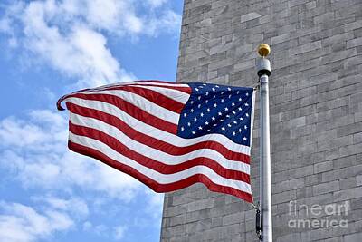 Seascapes Larry Marshall - Flag waving in front of Washington memorial by JL Images